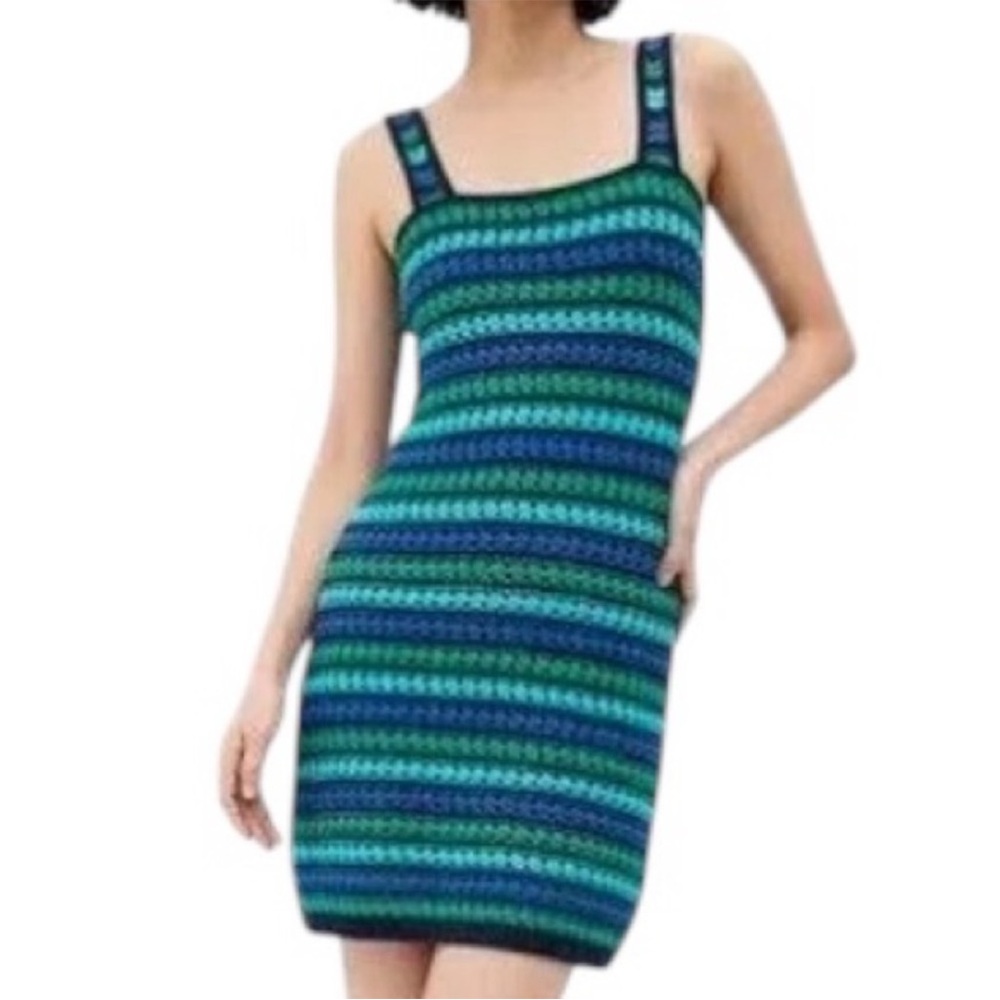 Gap Crochet Knit Mini Dress Womens Size XS Blue‎ Striped Retro Boho Beach NWT